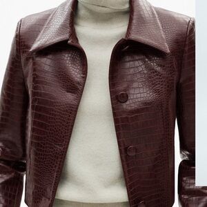 Mango Croc-Effect Burgundy Cropped Moto Jacket Size M Button Front